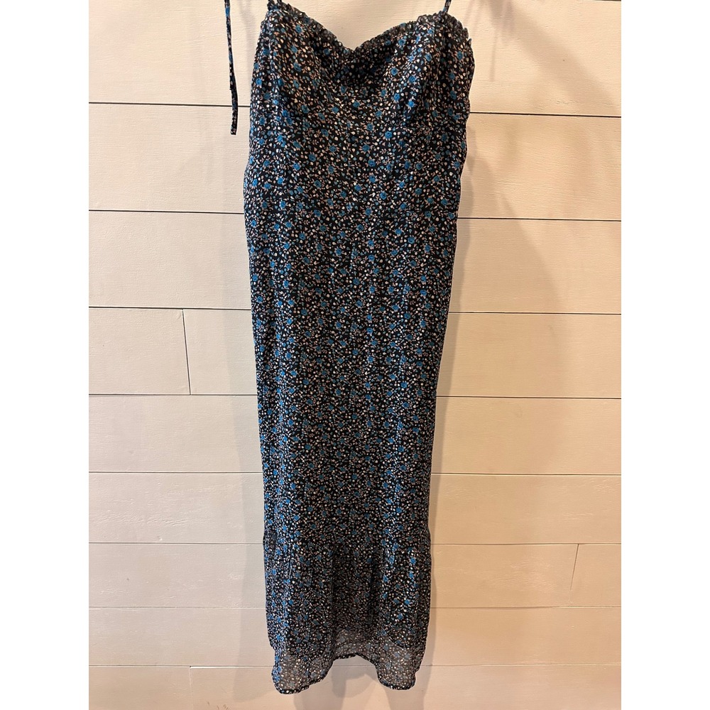 Lola Grace Floral Midi Dress Blue Pink Black Tie Strap Sweetheart Neck Size M